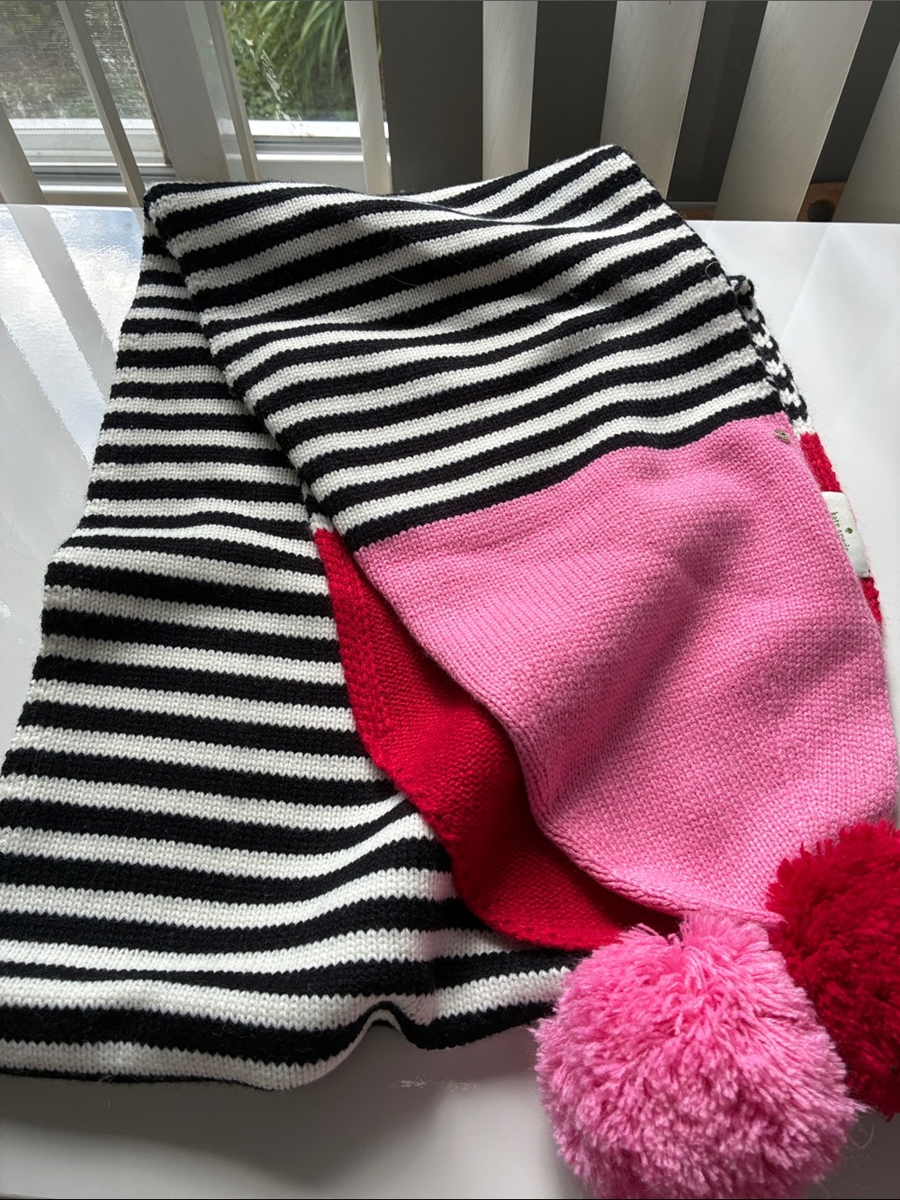 Striped Black & White Kate Spade Scarf with Pink and Red Accents